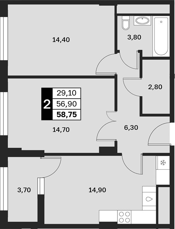 Продается 2-комн. квартира, 56.9 м²