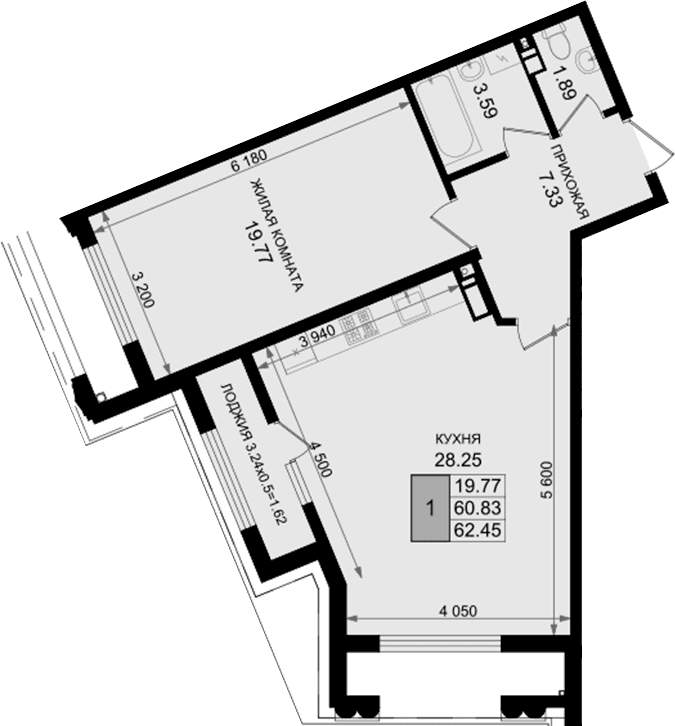 Продается 1-комн. квартира, 60.83 м²