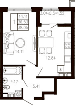 Продается 1-комн. квартира, 36.58 м²
