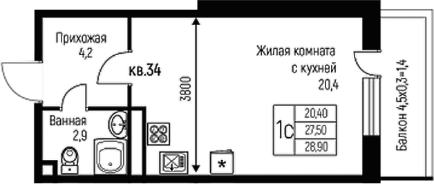 Продается 1-комн. квартира, 27.5 м²