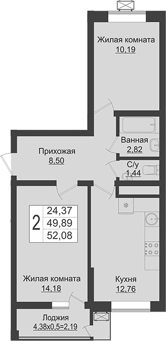 Продается 2-комн. квартира, 49.89 м²