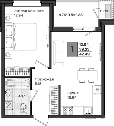 Продается 1-комн. квартира, 39.23 м²