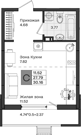 Продается 1-комн. квартира, 27.79 м²