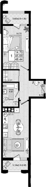 Продается 1-комн. квартира, 45.69 м²