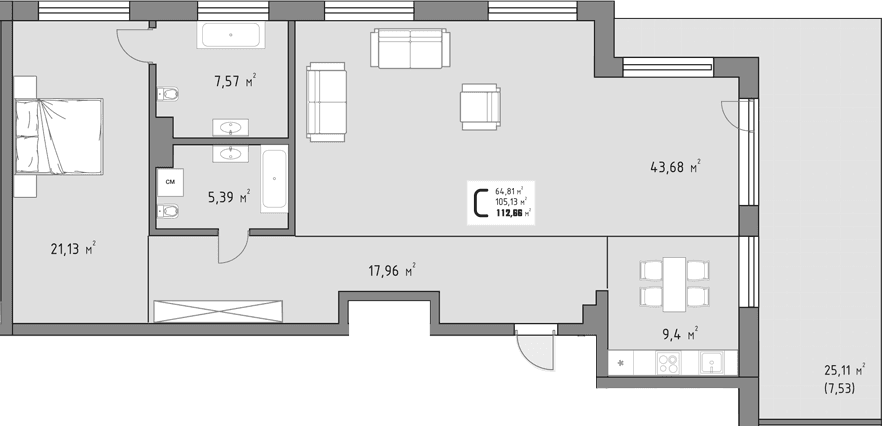 Продается 1-комн. квартира, 105.13 м²
