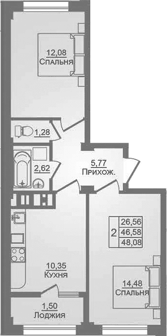 Продается 2-комн. квартира, 46.58 м²