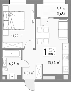 Продается 1-комн. квартира, 34.52 м²