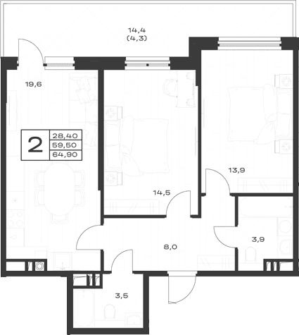 Продается 2-комн. квартира, 63.5 м²