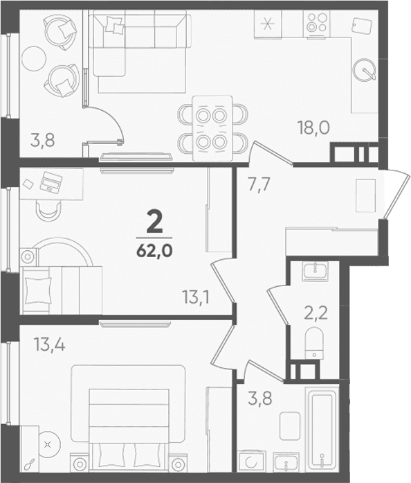 Продается 2-комн. квартира, 58.2 м²