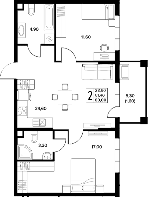 Продается 2-комн. квартира, 61.4 м²