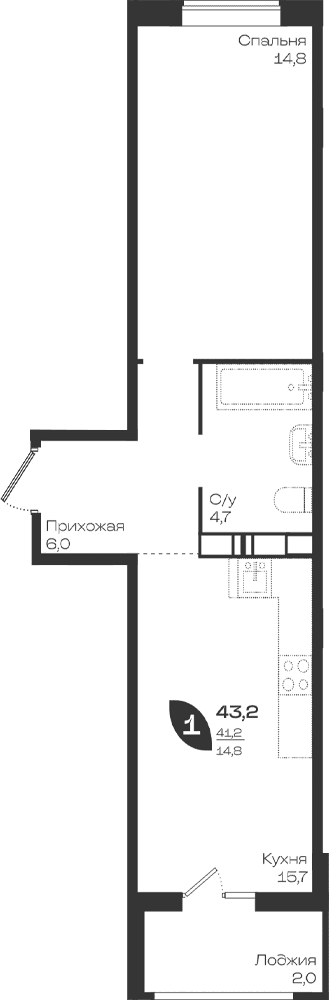 Продается 1-комн. квартира, 41.2 м²
