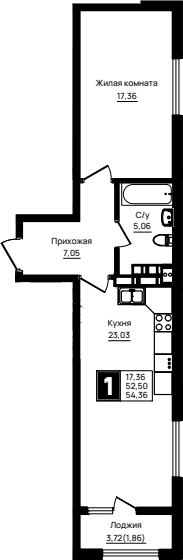 Продается 1-комн. квартира, 52.5 м²