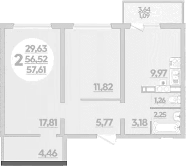 Продается 2-комн. квартира, 56.52 м²