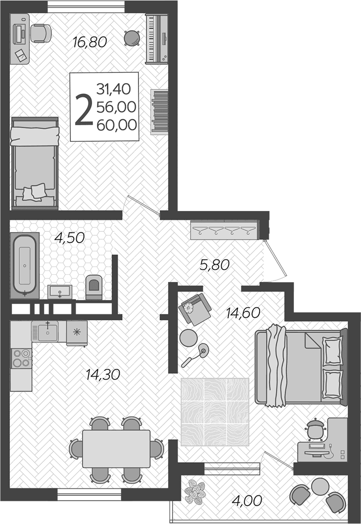 Продается 2-комн. квартира, 56 м²