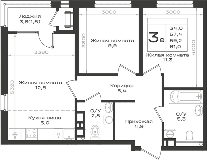 Продается 3-комн. квартира, 57.4 м²