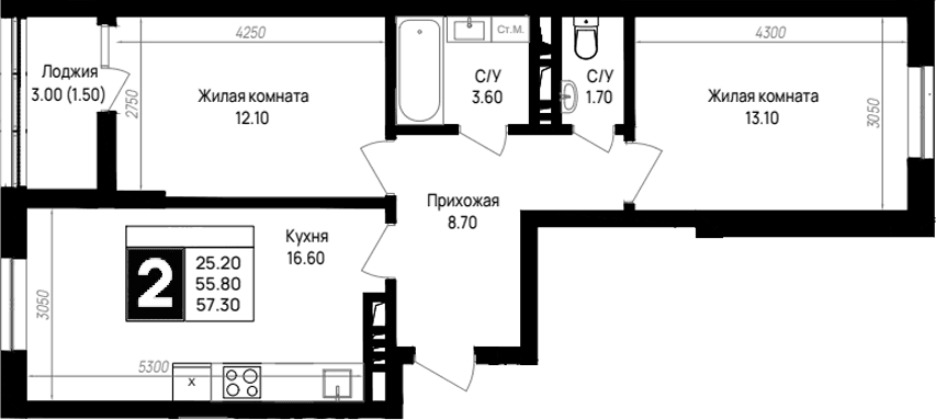 Продается 2-комн. квартира, 55.8 м²