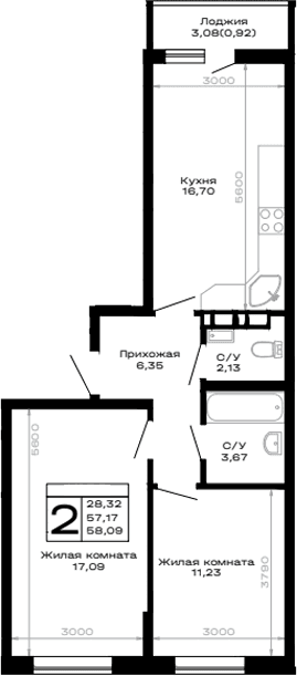 Продается 2-комн. квартира, 57.17 м²