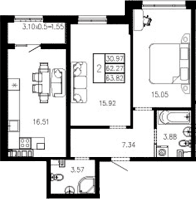 Продается 2-комн. квартира, 62.25 м²