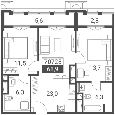 Продается 1-комн. квартира, 60.5 м²