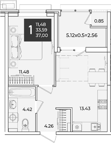Продается 1-комн. квартира, 33.59 м²