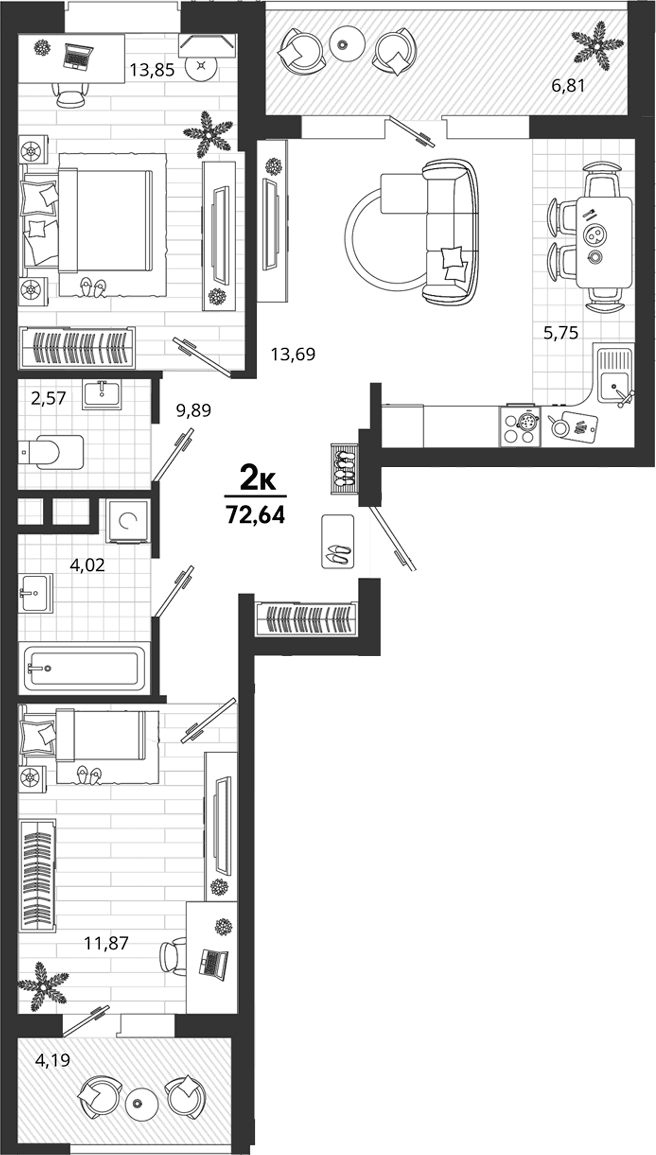 Продается 2-комн. квартира, 61.64 м²