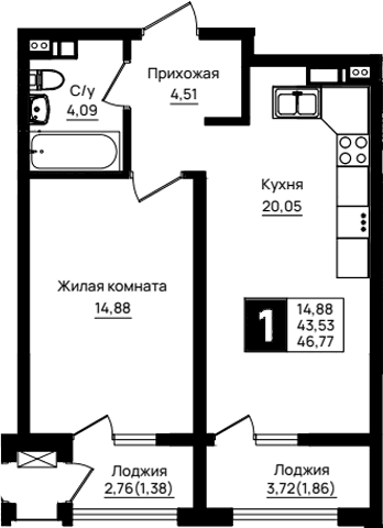 Продается 1-комн. квартира, 43.53 м²