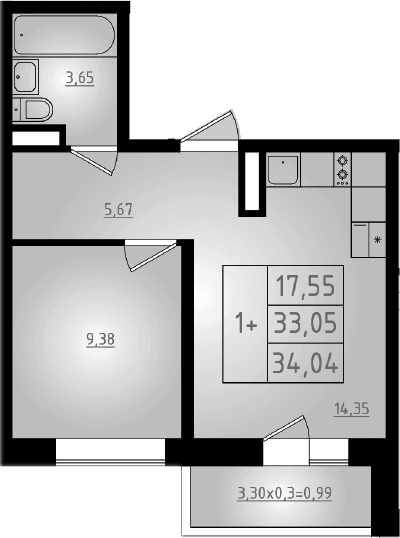 Продается 2-комн. квартира, 33.05 м²