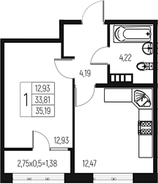 Продается 1-комн. квартира, 33.81 м²