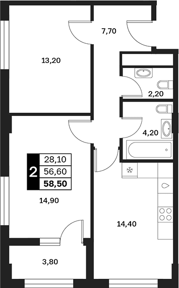 Продается 2-комн. квартира, 56.6 м²