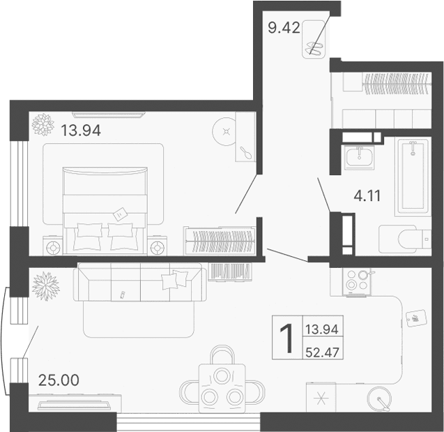 Продается 1-комн. квартира, 52.47 м²
