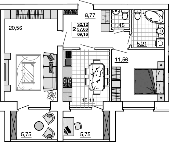 Продается 2-комн. квартира, 57.66 м²