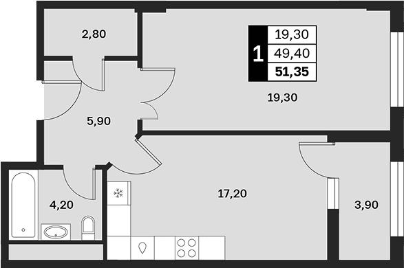 Продается 1-комн. квартира, 49.4 м²