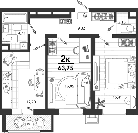 Продается 2-комн. квартира, 59.34 м²