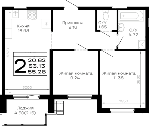Продается 2-комн. квартира, 53.13 м²