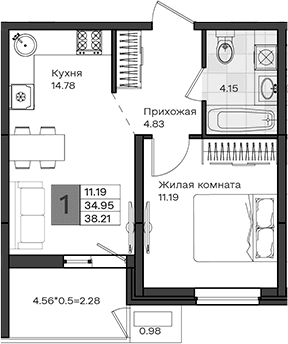 Продается 1-комн. квартира, 34.95 м²