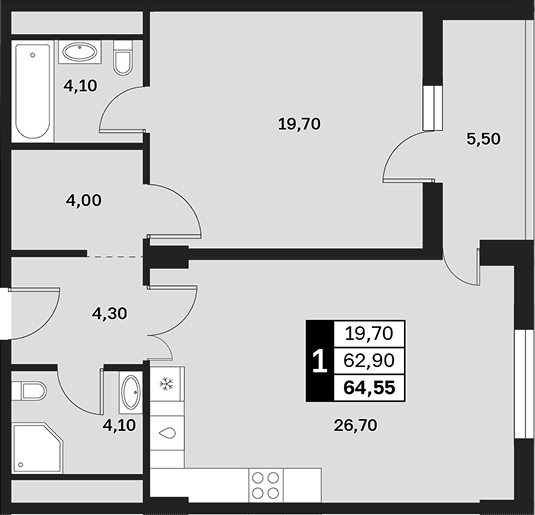 Продается 1-комн. квартира, 62.9 м²