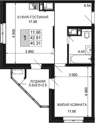 Продается 2-комн. квартира, 42.81 м²