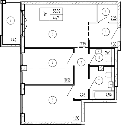 Продается 2-комн. квартира, 57.58 м²