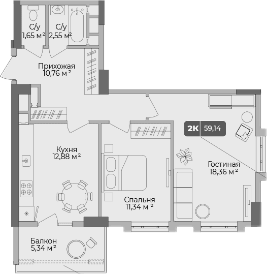 Продается 2-комн. квартира, 57.06 м²