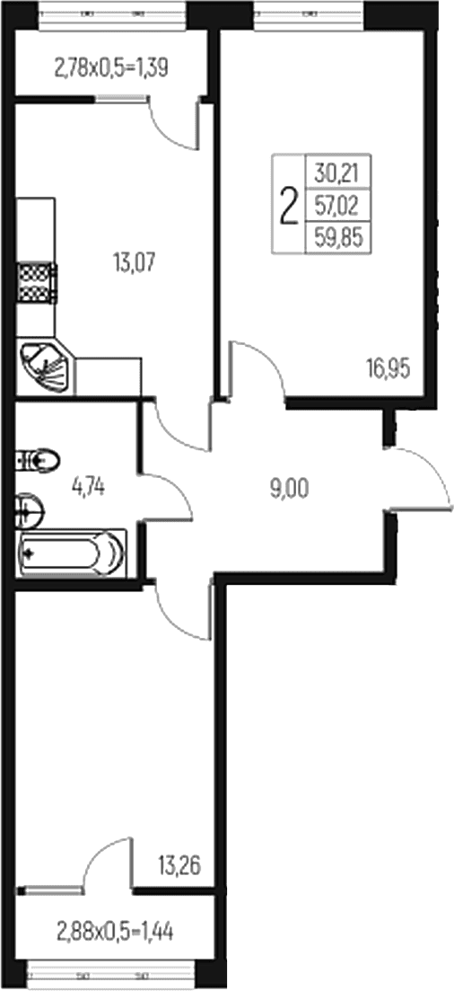 Продается 2-комн. квартира, 57.02 м²