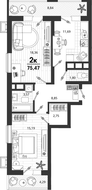 Продается 2-комн. квартира, 62.34 м²