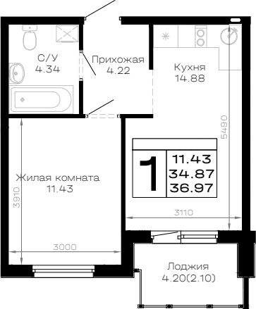Продается 1-комн. квартира, 34.87 м²