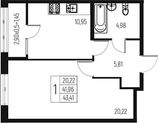 Продается 1-комн. квартира, 41.96 м²
