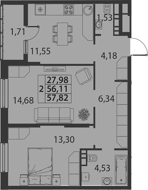 Продается 2-комн. квартира, 56.11 м²