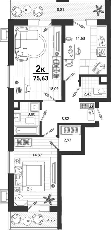 Продается 2-комн. квартира, 62.56 м²