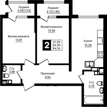 Продается 2-комн. квартира, 60.95 м²