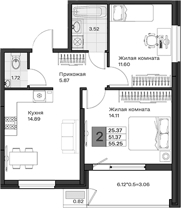 Продается 2-комн. квартира, 51.37 м²