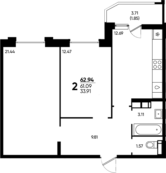 Продается 2-комн. квартира, 61.09 м²