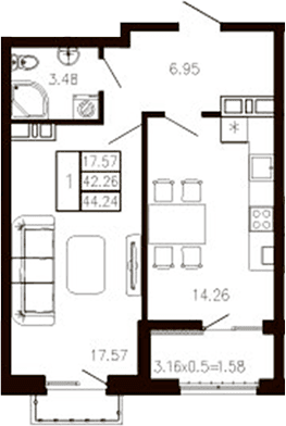 Продается 1-комн. квартира, 42.62 м²