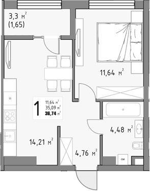 Продается 1-комн. квартира, 35.09 м²